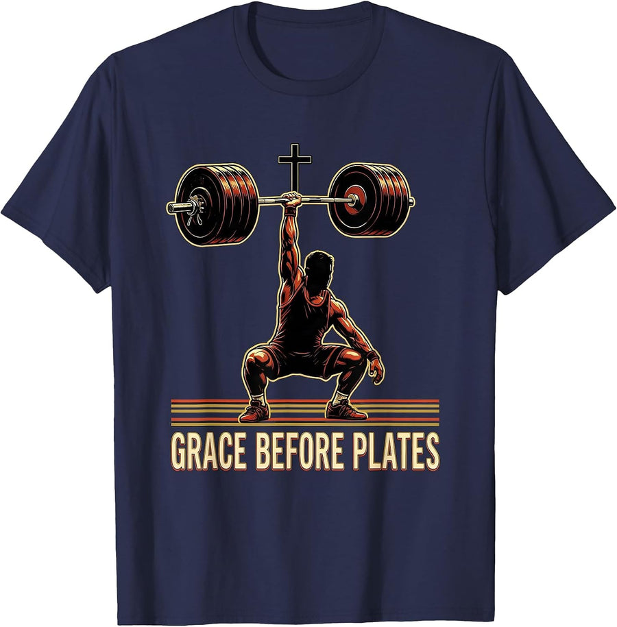 Grace Before Plates Sports Christian Weightlifter Bible T-Shirt - Navy Blue