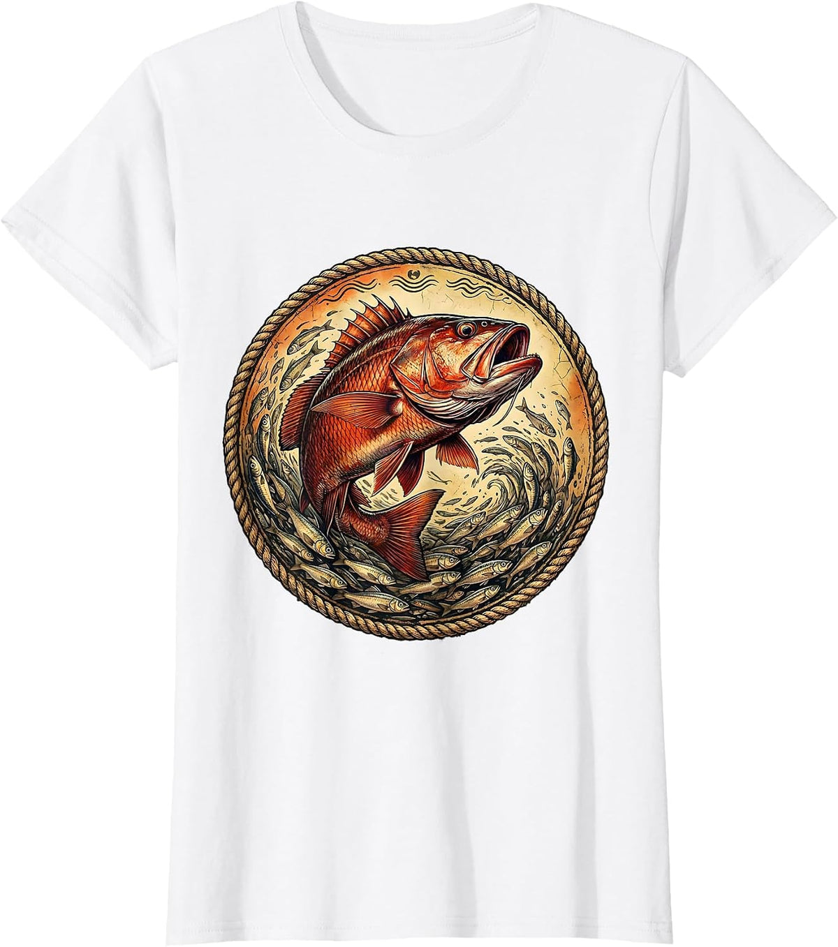 Red Snapper Bursting Through Baitfish Gulf Art T-Shirt - White