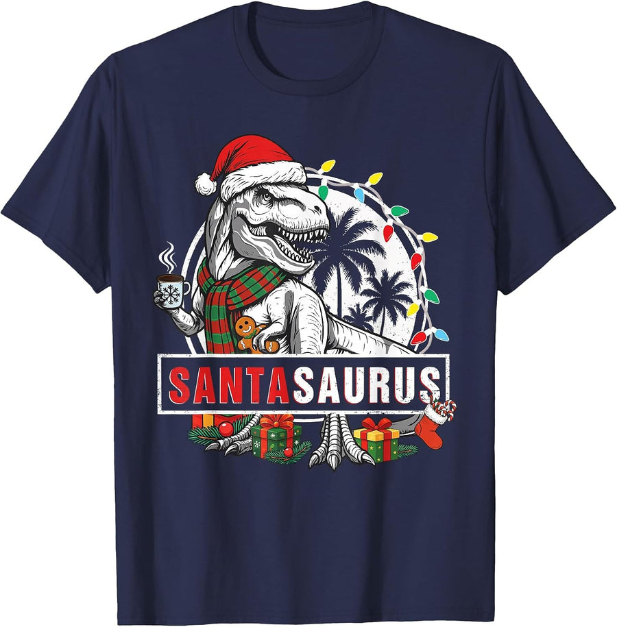 Santasaurus T rex Dinosaur Funny Santa Saurus Funny Family T-Shirt - Navy Blue