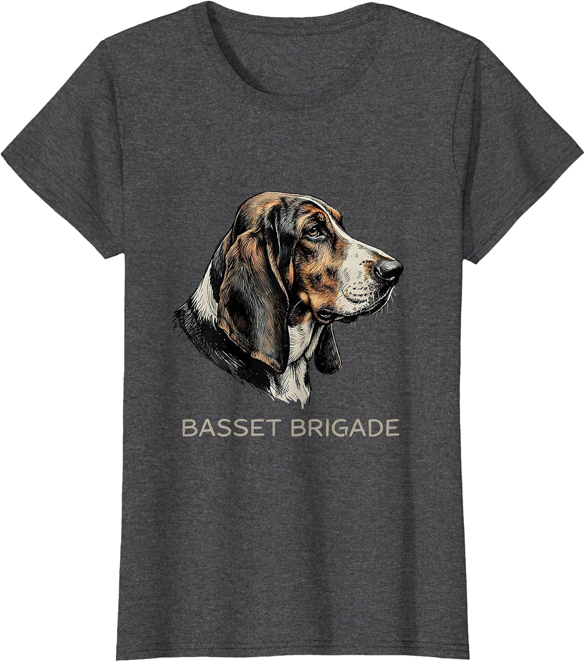 Women's Basset Brigade Hand-Sketched Basset Hound Minimalist Badge T-Shirt - Dark Heather Grey