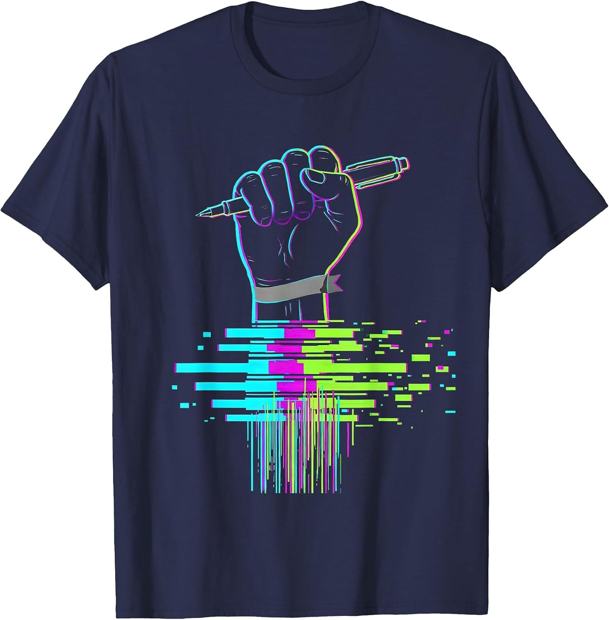 Raised Fist Glitch Humor Parkinson's Awareness T-Shirt - Navy Blue
