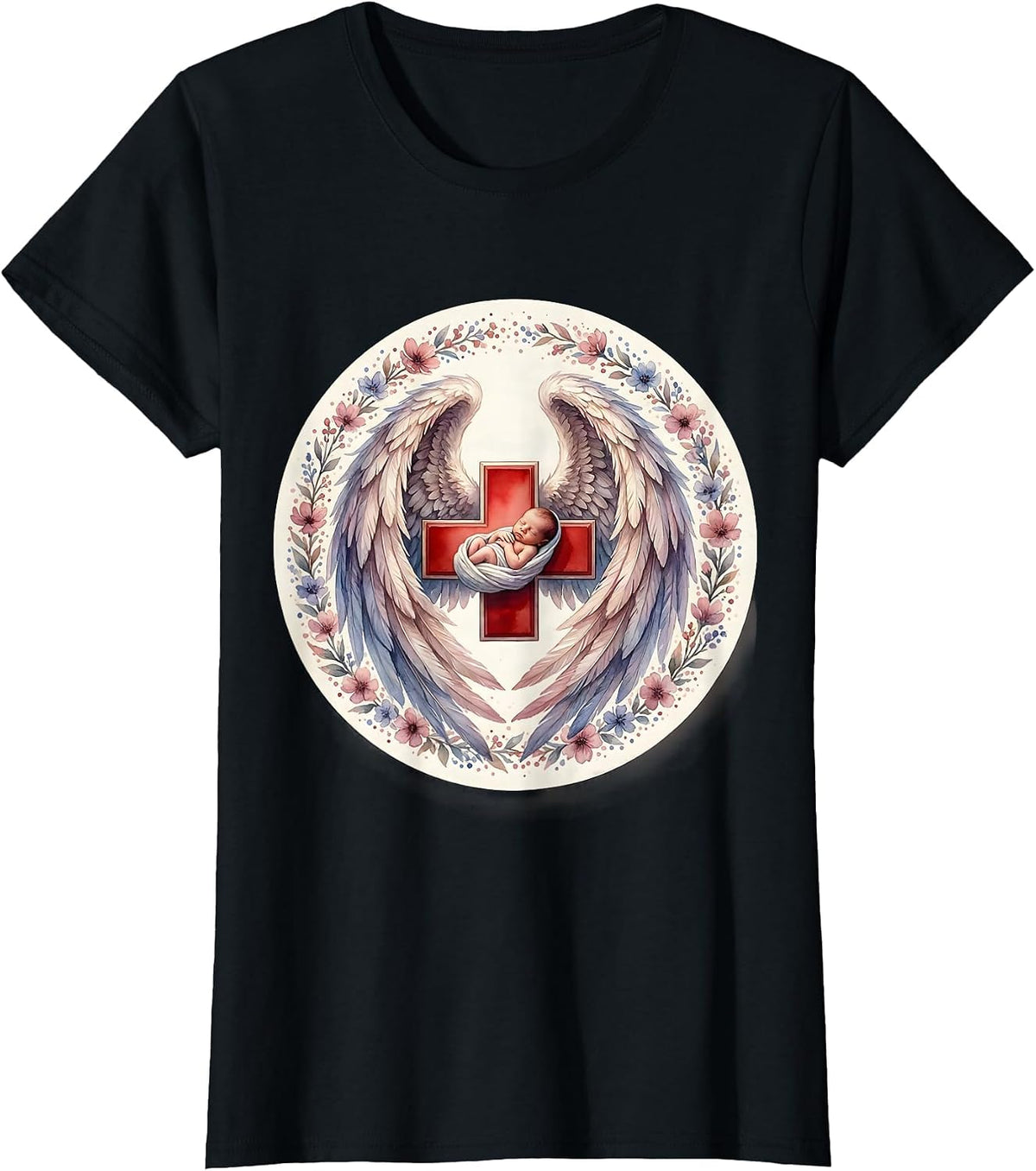 NICU Nurse Angel Wings Illustration T-Shirt - Black