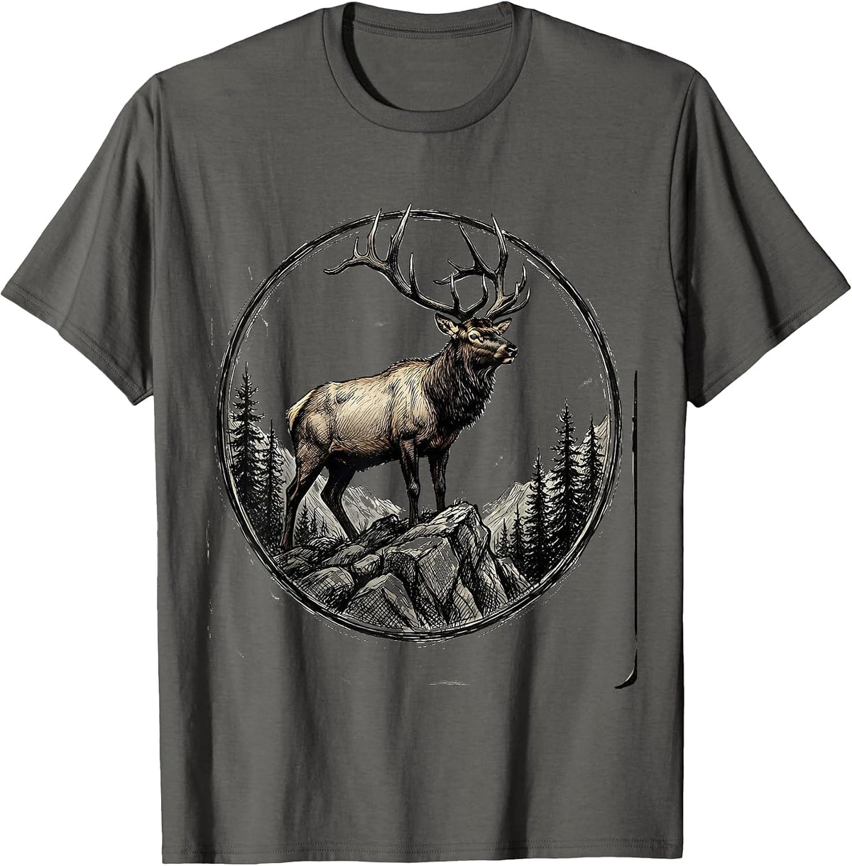 Bull Elk on Rocky Mountain Ridge Illustration T-Shirt - Asphalt Grey