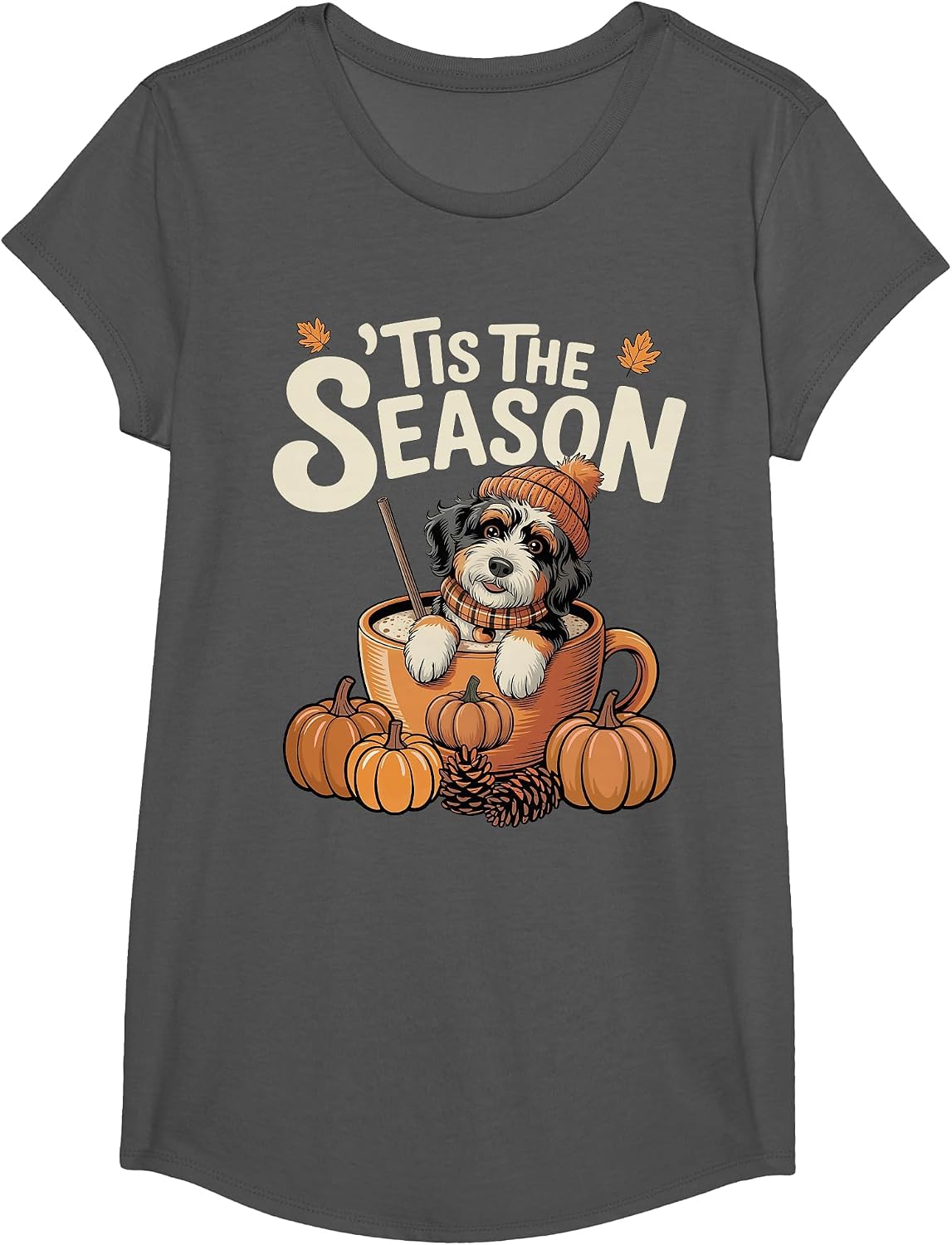 Tis The Season Bernedoodle Fall Coffee Autumn Pumpkin Spice T-Shirt - Girls Asphalt Grey