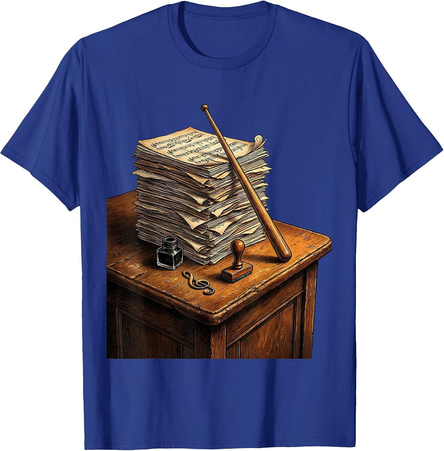 Music Teacher Worn Desk Stacked Sheet Music Art T-Shirt - Royal Blue