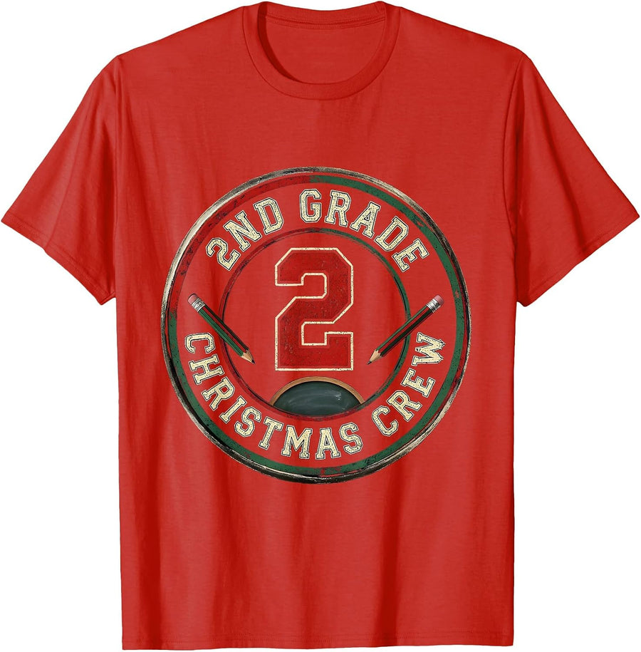 Men's 2nd Grade Christmas Crew Funny Teacher Classroom Humor T-Shirt - Red
