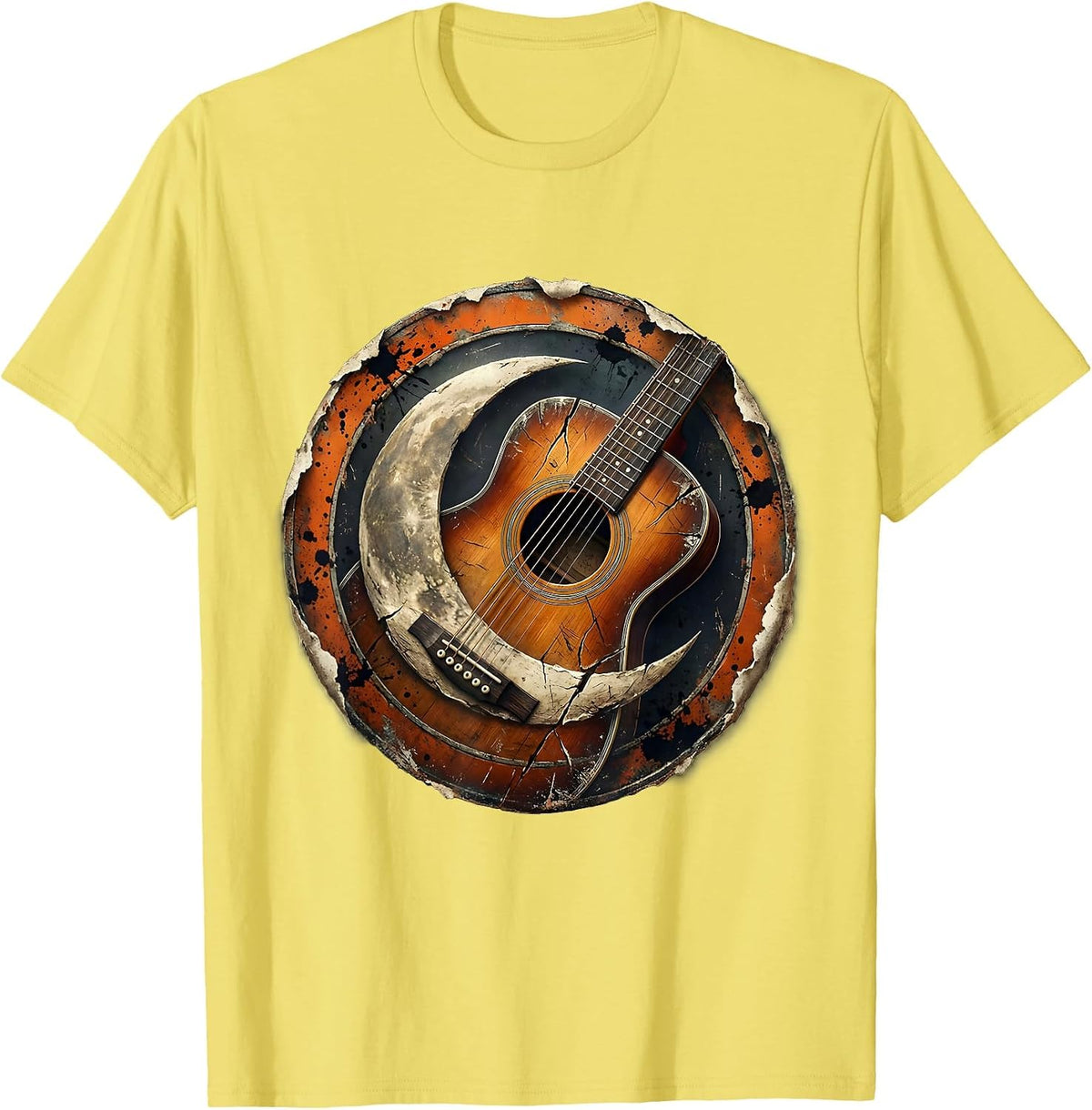 Men's Crescent Moon Acoustic Guitar Illustration T-Shirt - Lemon Yellow