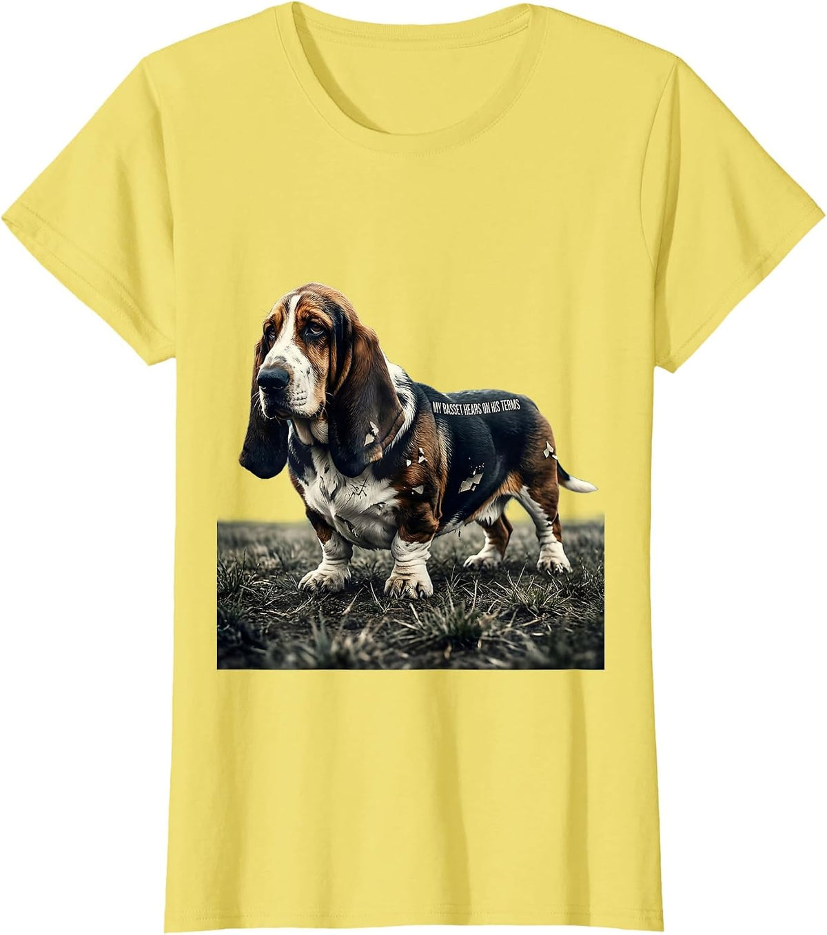 Women's My Basset Hears On His Terms Funny Basset Hound Dog Lover T-Shirt - Lemon Yellow
