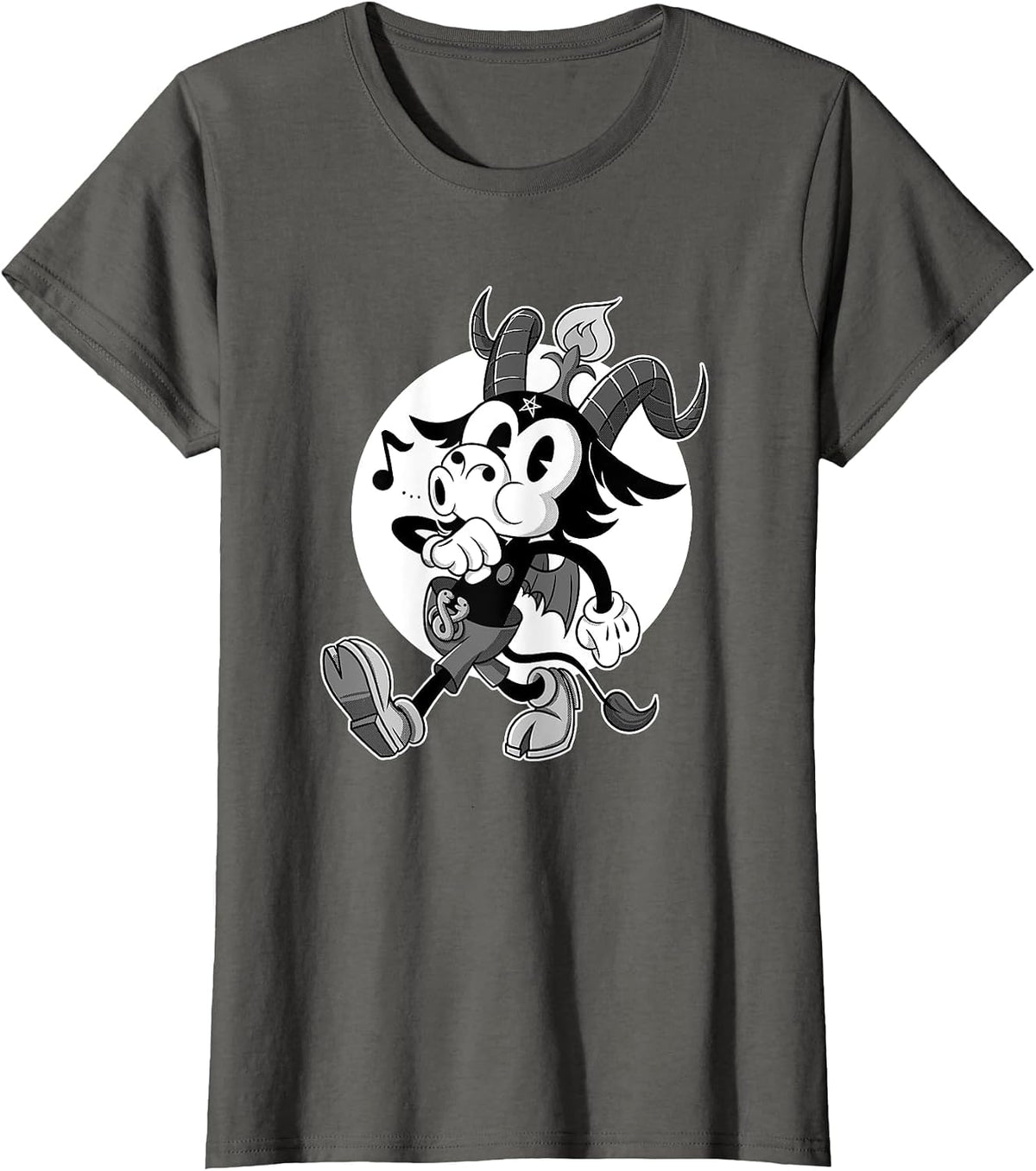 Atheist Satan Baphomet Goat Retro Cartoon Black and White T-Shirt - Asphalt Grey