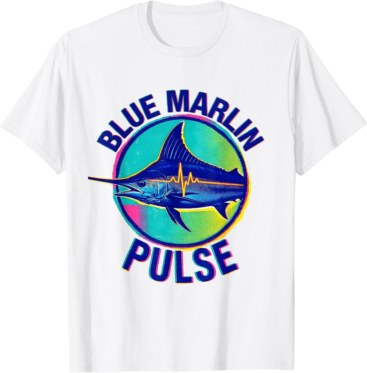 Men's Blue Marlin Pulse Risograph Fishing Angler Gift T-Shirt - White