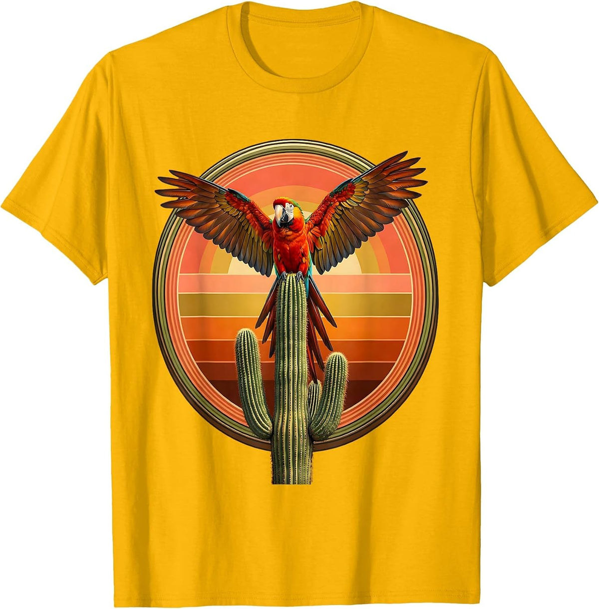 Men's Macaw Parrot Cactus Sunset Mexico Graphic T-Shirt - Golden Yellow