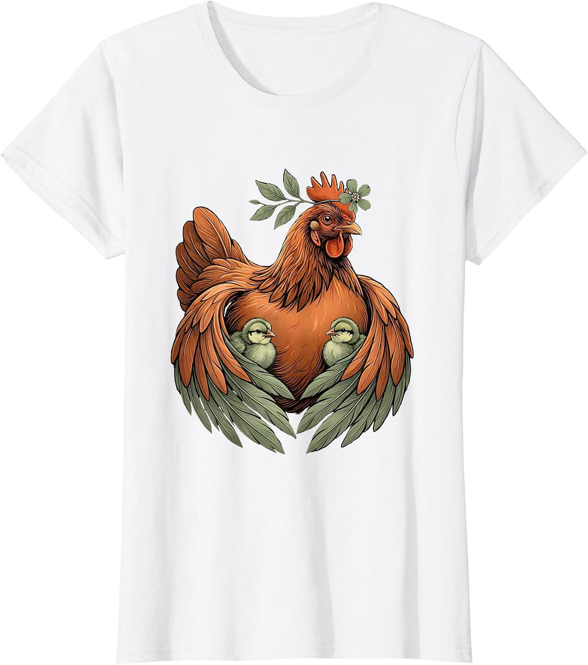 Mother Hen and Chicks Protective Love Illustration T-Shirt - White