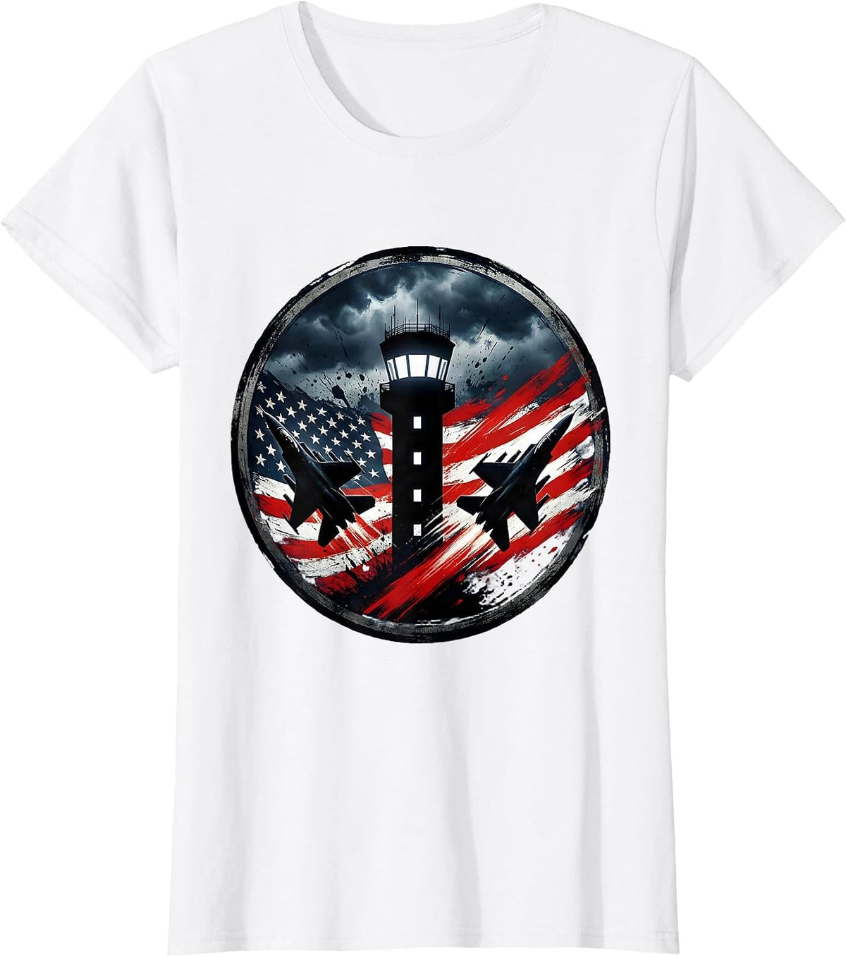 Control Tower Stormy Night Sky Illustration T-Shirt - White