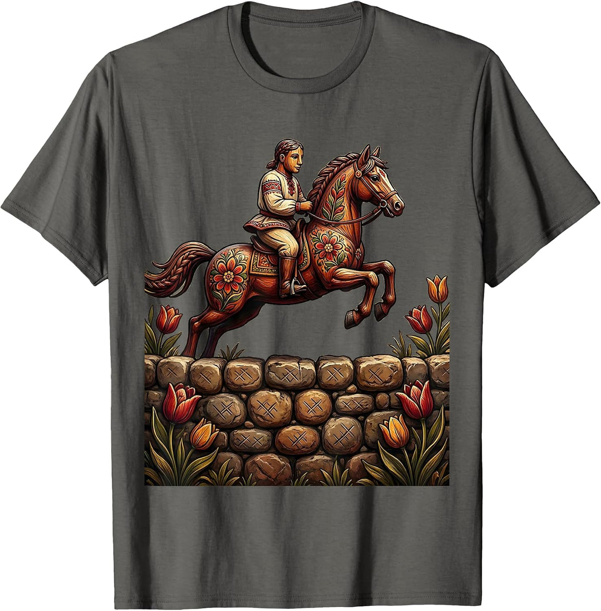 Equestrian Show Jumping Over Stone Wall T-Shirt - Asphalt Grey