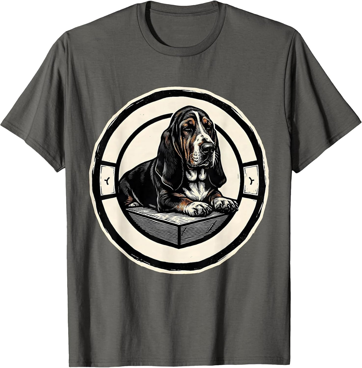 Men's Sleeping Basset Hound Linocut Animal Lover Pajama Humor T-Shirt - Asphalt Grey