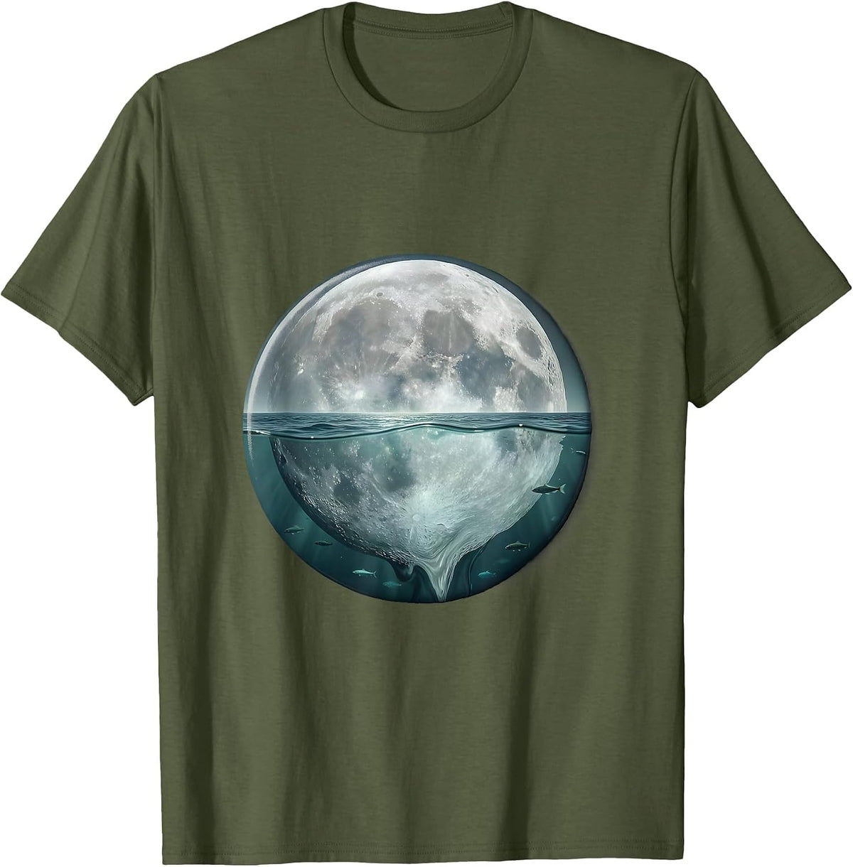 Half Moon Submerged in Dark Ocean Waters T-Shirt - Olive Green