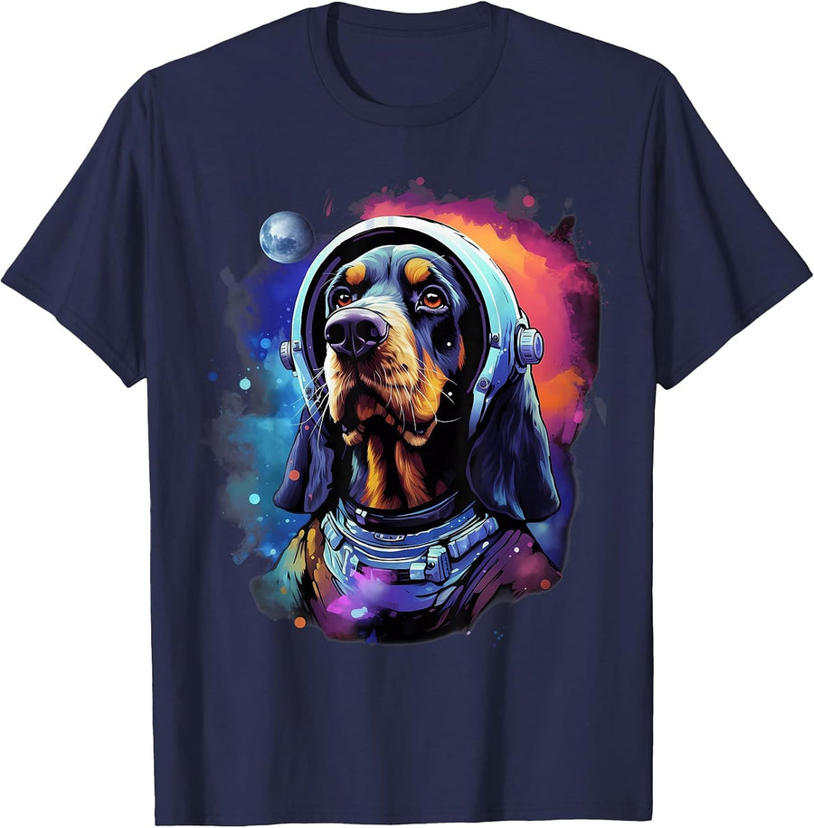 Space Bluetick Coonhound Dog Astronaut T-Shirt - Navy Blue