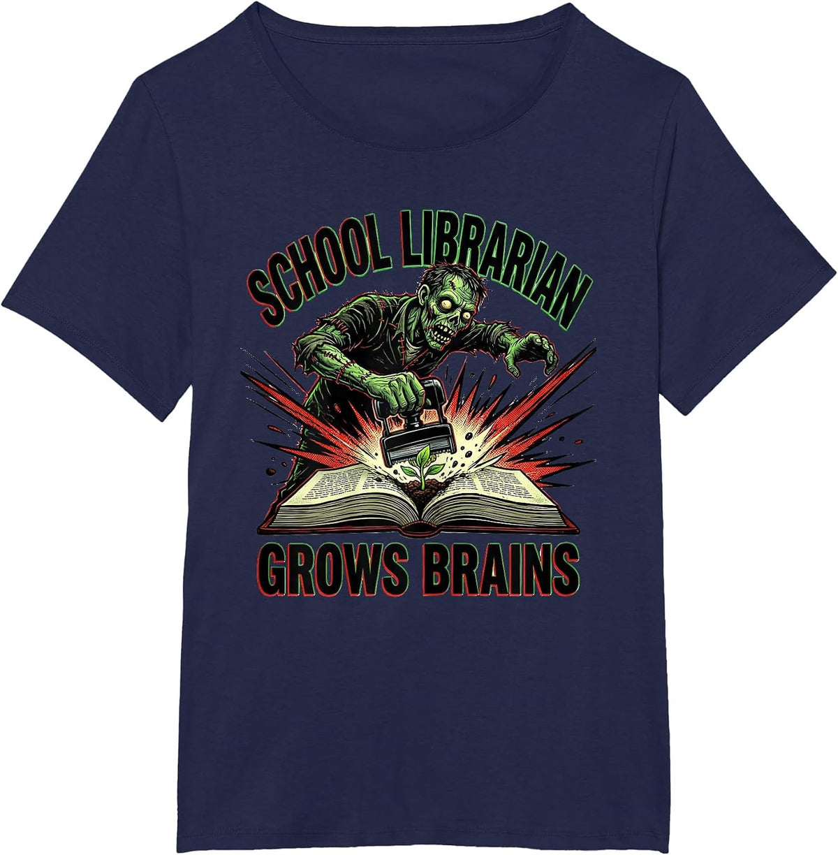 Women's School Librarian Grows Brains Comic Book Zombie Teacher T-Shirt - Navy Blue