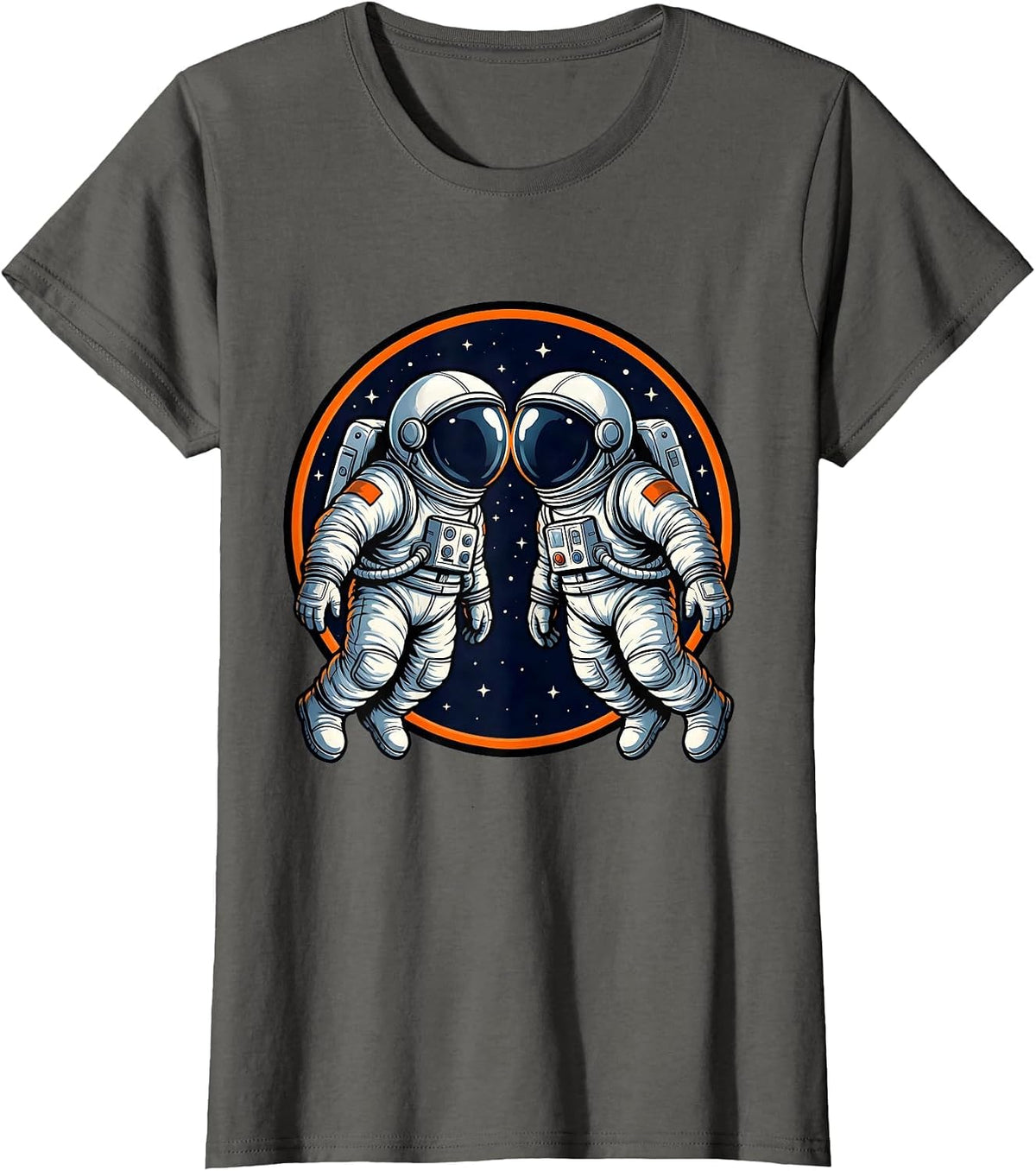 Women's Twin Astronauts Face to Face Space Illustration T-Shirt - Asphalt Grey