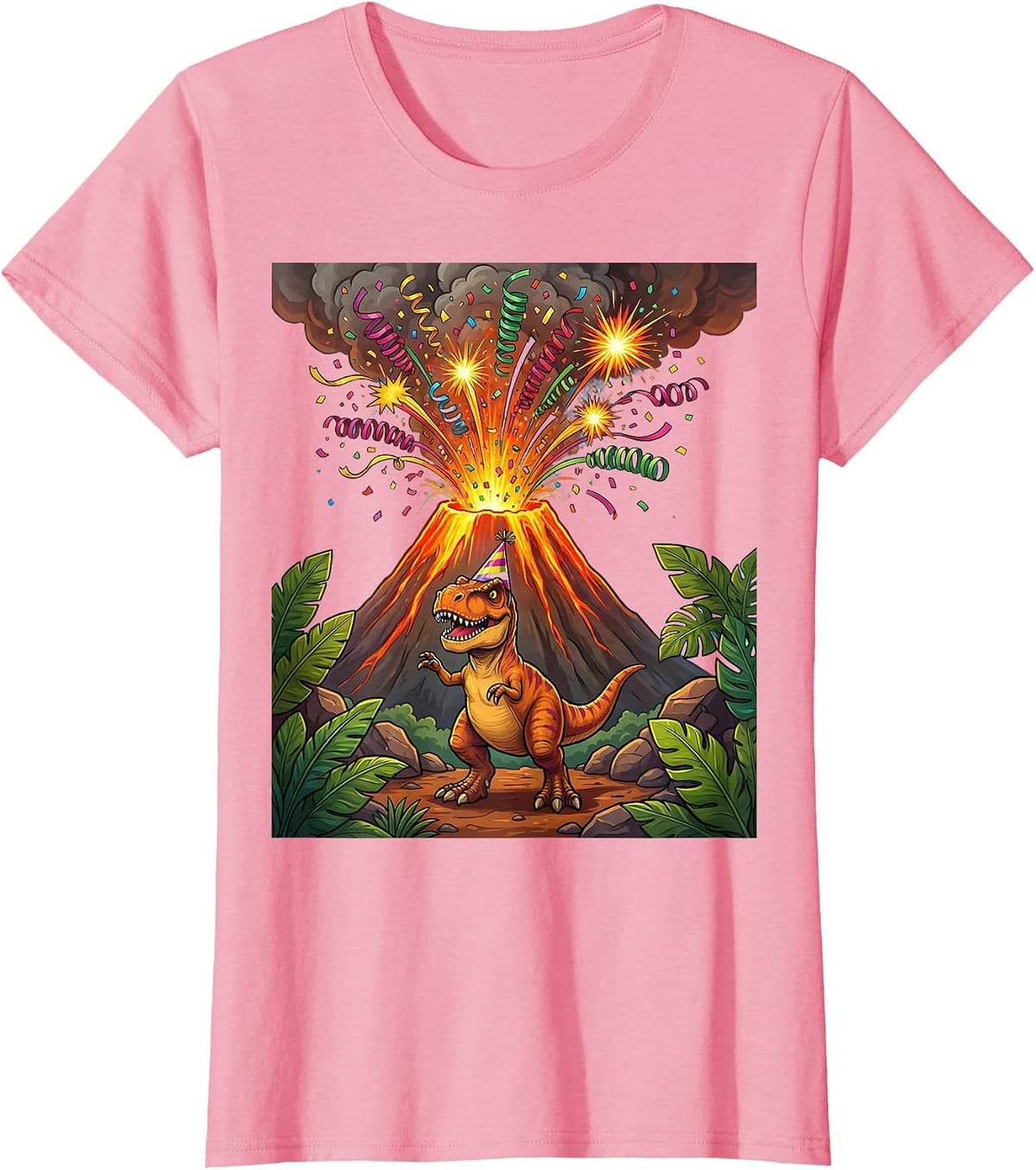 Women's Dinosaur Birthday Volcano Confetti Celebration T-Shirt - Pink