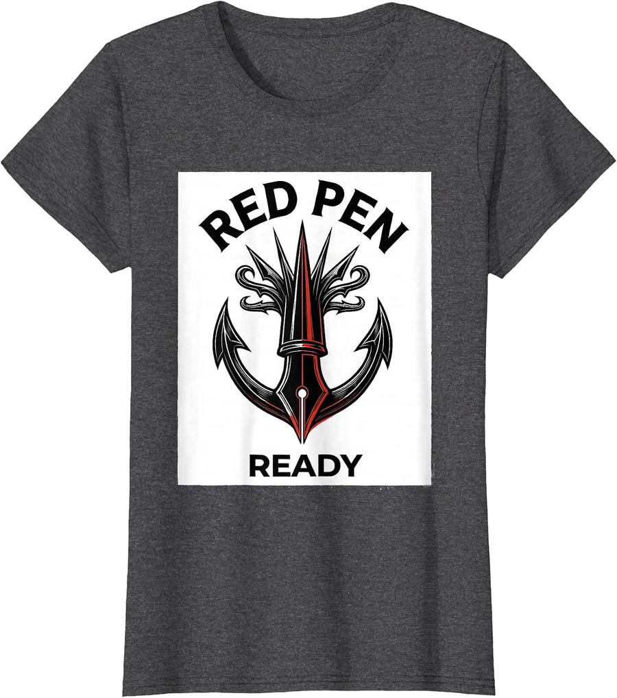 Women's Red Pen Ready 5th Grade Teacher Design T-Shirt - Dark Heather Grey