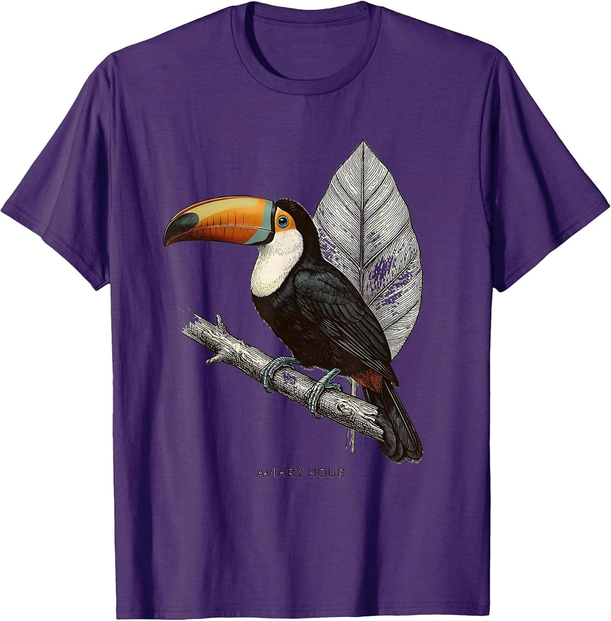 Men's Aviary Hour Botanical Retro Toucan Wildlife Illustration T-Shirt - Purple