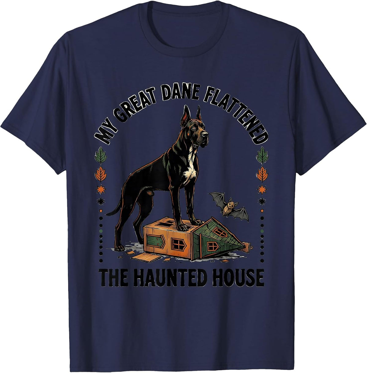 Men's My Great Dane Flattened The Haunted House Folk Art T-Shirt - Navy Blue