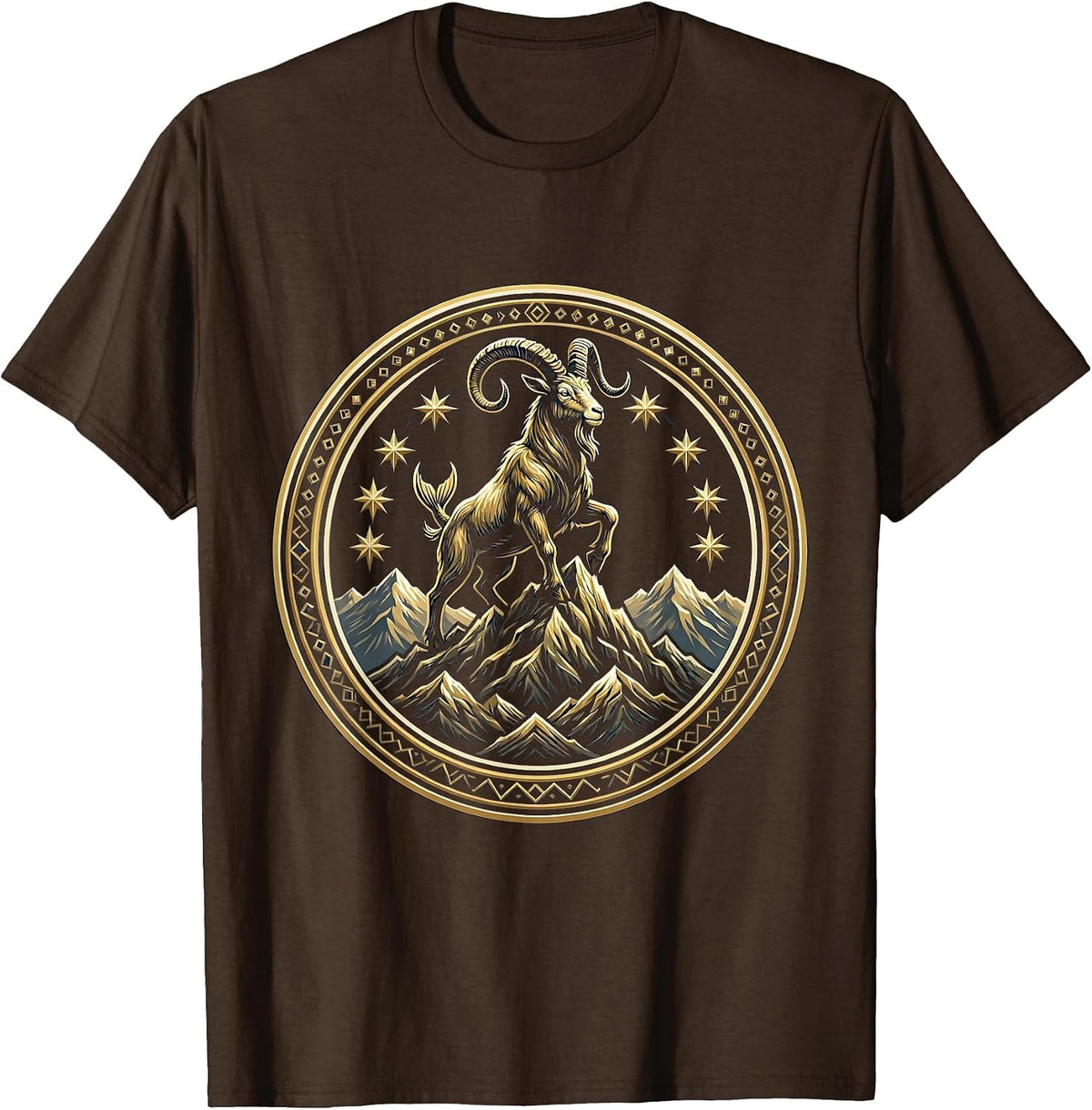 Capricorn Goat Mountain Starry Sky Zodiac Design T-Shirt - Brown