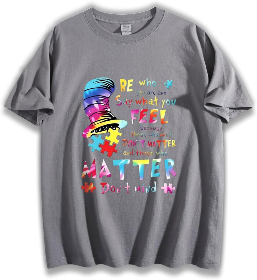 Unisex Loose Crewneck Cotton Autism T-Shirt, Be Who You are Rainbow Hat Puzzle Text Tee, Neurodiversity Gift - Gray