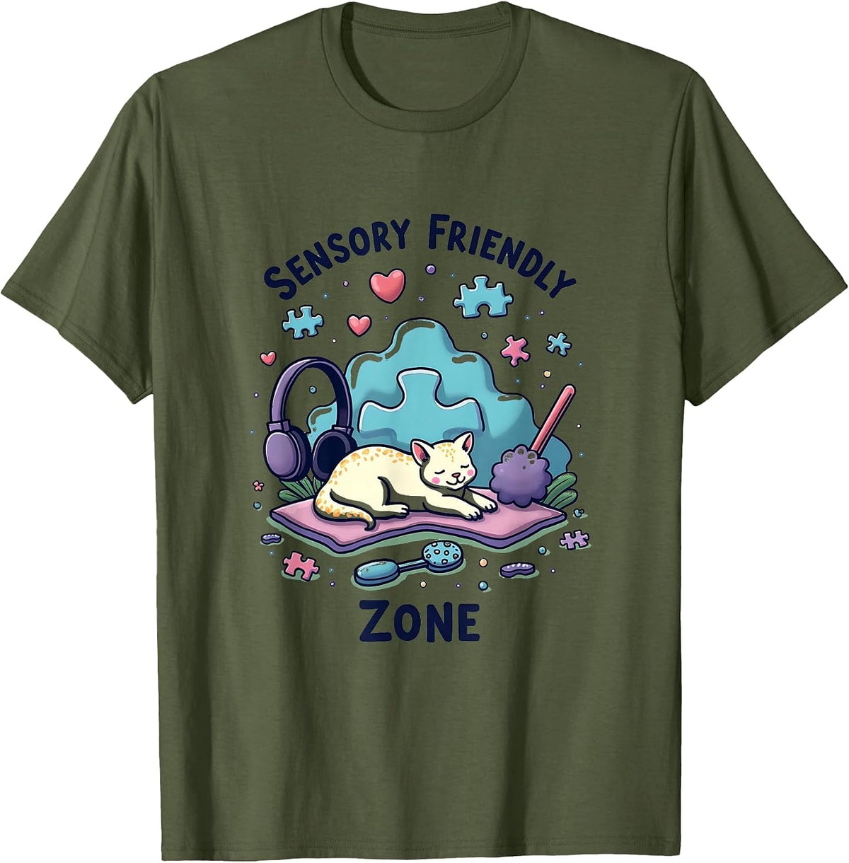 Sensory Friendly Zone Autism Awareness Design T-Shirt - Olive Green
