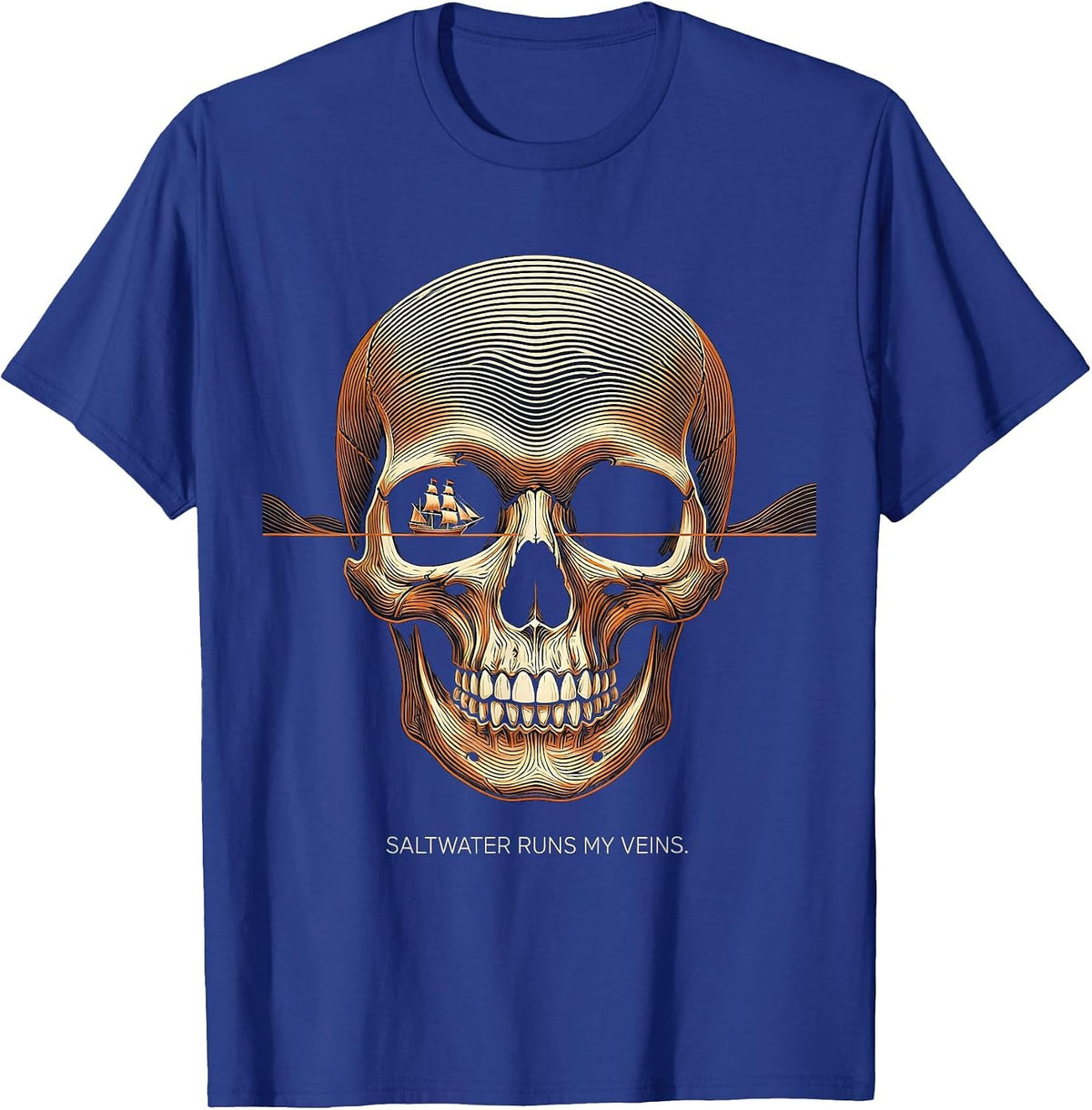 Men's Saltwater Runs My Veins Pirate Design T-Shirt - Royal Blue