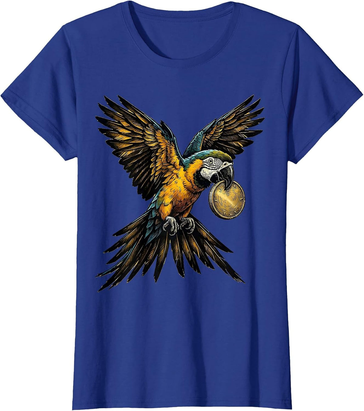 Women's Pirate Parrot Flying with Golden Coin T-Shirt - Royal Blue