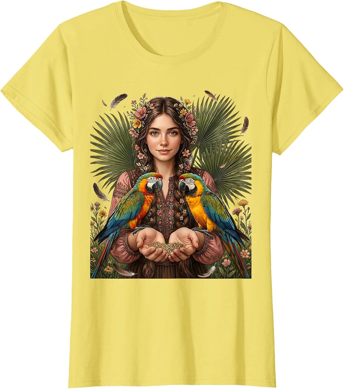 Women's Mexican Girl With Braids Feeding Colorful Parrots T-Shirt - Lemon Yellow
