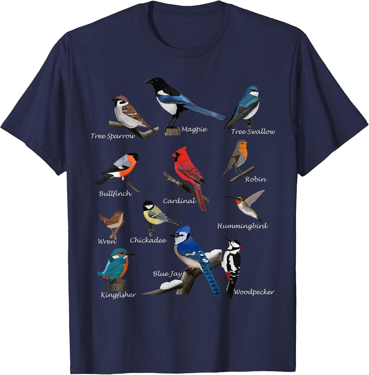 Garden Birds Cardinal Blue Jay Hummingbird Robin Wren Finch T-Shirt - Navy Blue