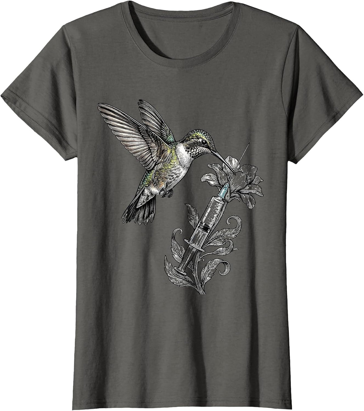 Women's NICU Nurse Hummingbird Syringe Floral Design T-Shirt - Asphalt Grey