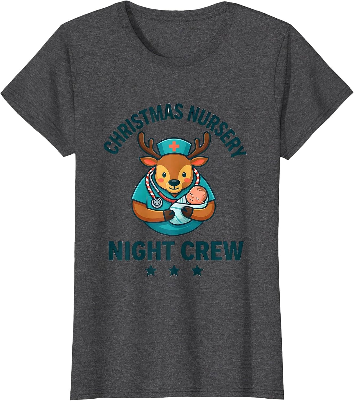 Women's Christmas Nursery Night Crew Funny Nurse Christmas ICU NICU T-Shirt - Dark Heather Grey