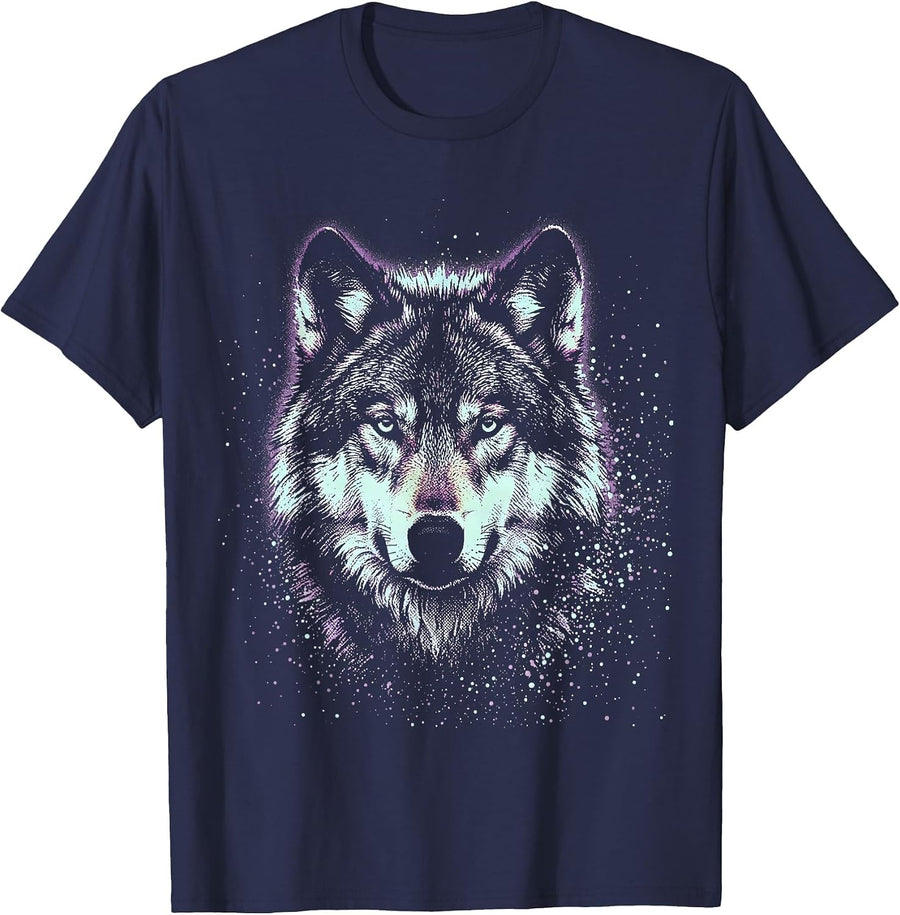 Galaxy Dots Wolf Silhouette Cosmic Nature Art T-Shirt - Navy Blue