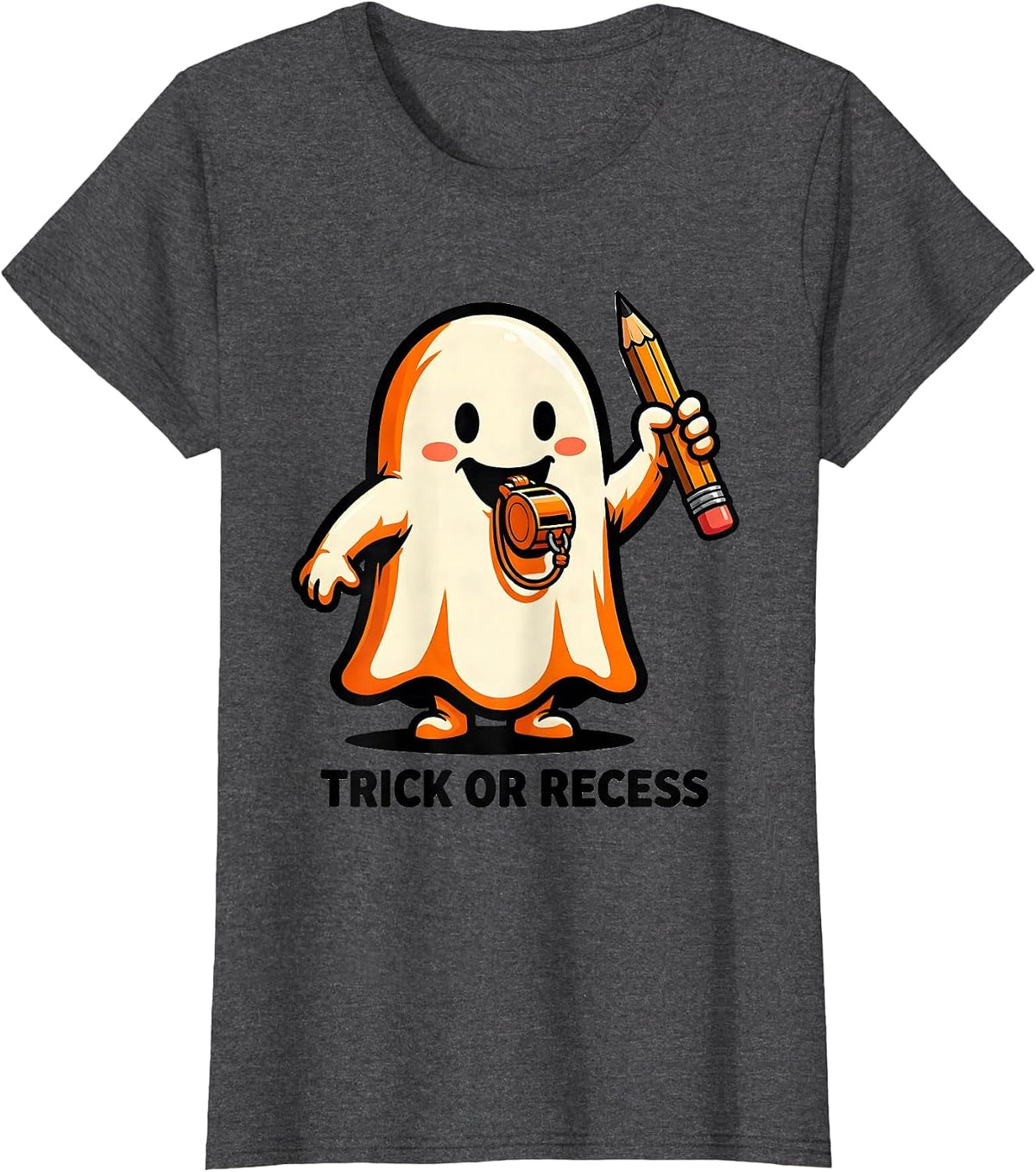 Women's Trick Or Recess Cartoon Ghost Halloween Teacher Costume T-Shirt - Dark Heather Grey