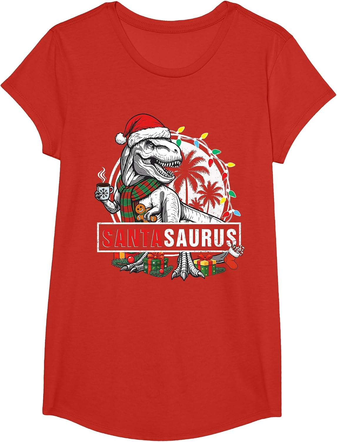 Santasaurus T rex Dinosaur Funny Santa Saurus Funny Family T-Shirt - Girls Red