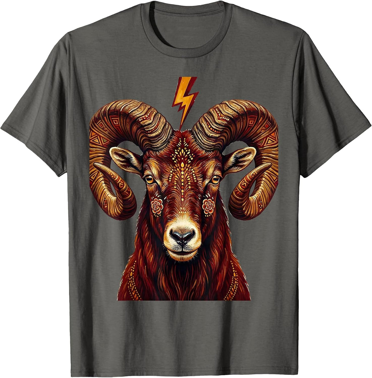 Goat Lightning Bolt Curved Horns Graphic Design T-Shirt - Asphalt Grey