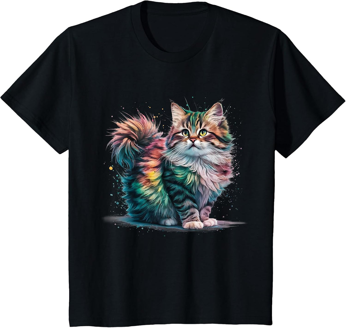 Cat Men Women Colourful Watercolour Cat T-Shirt - Black