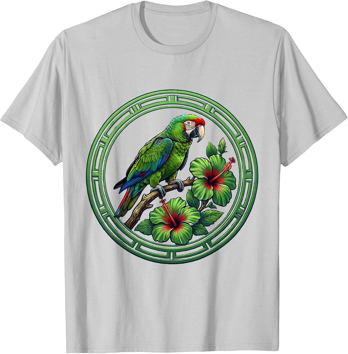 Men's Puerto Rican Parrot on Hibiscus Branch Design T-Shirt - Silver Grey