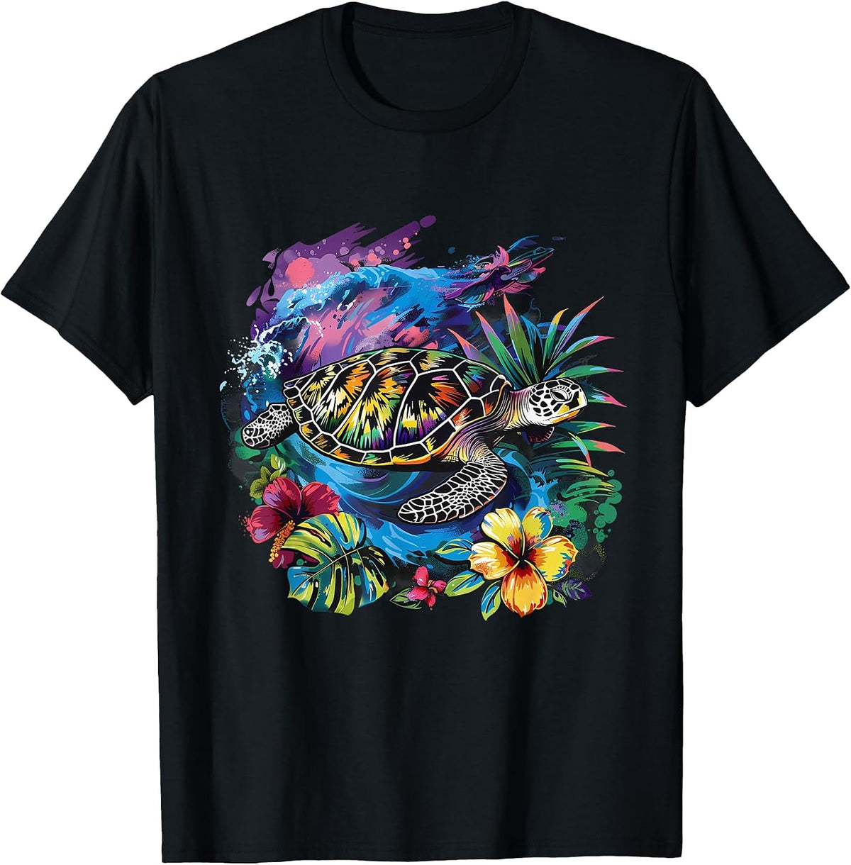 Sea Turtle Floral Artwork Marine Mammal Sea Ocean Animal T-Shirt - Black