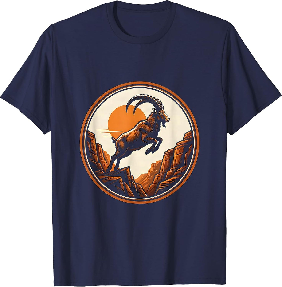 Goat Mid-Leap Over Rocky Canyon Graphic T-Shirt - Navy Blue