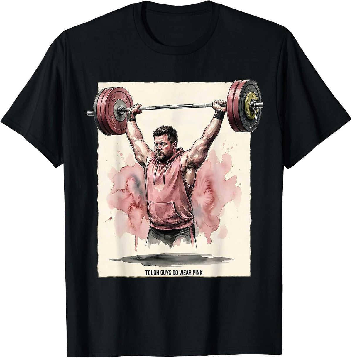 Men's Tough Guys Do Wear Pink Funny Weightlifter Watercolor Cancer T-Shirt - Black