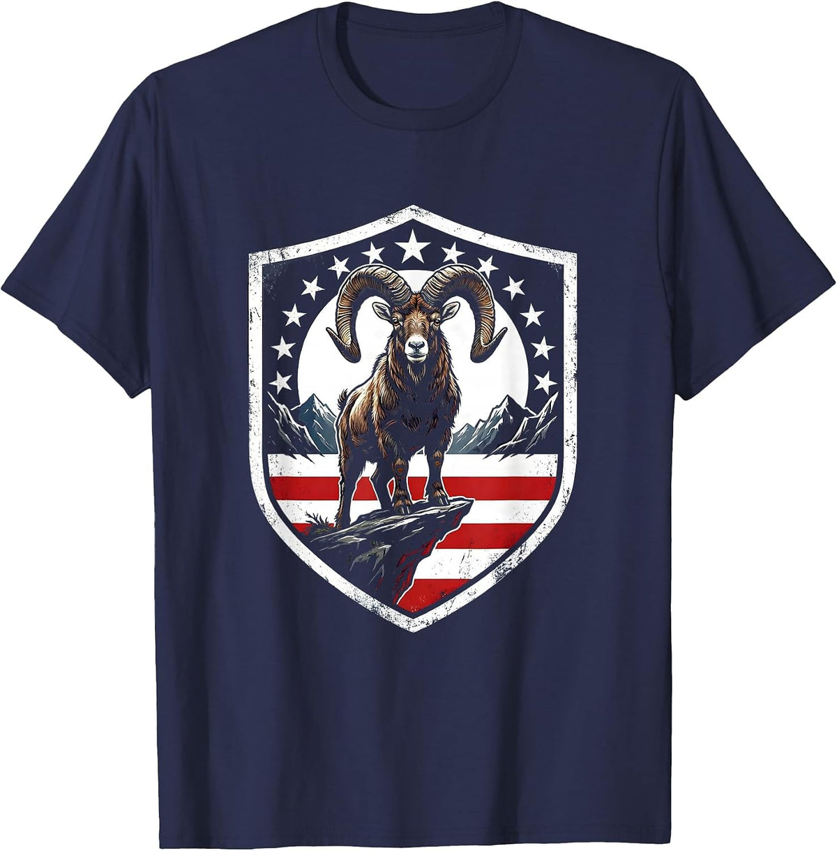 Men's Mountain Goat Cliff Ledge Freedom Long Sleeve T-Shirt - Navy Blue