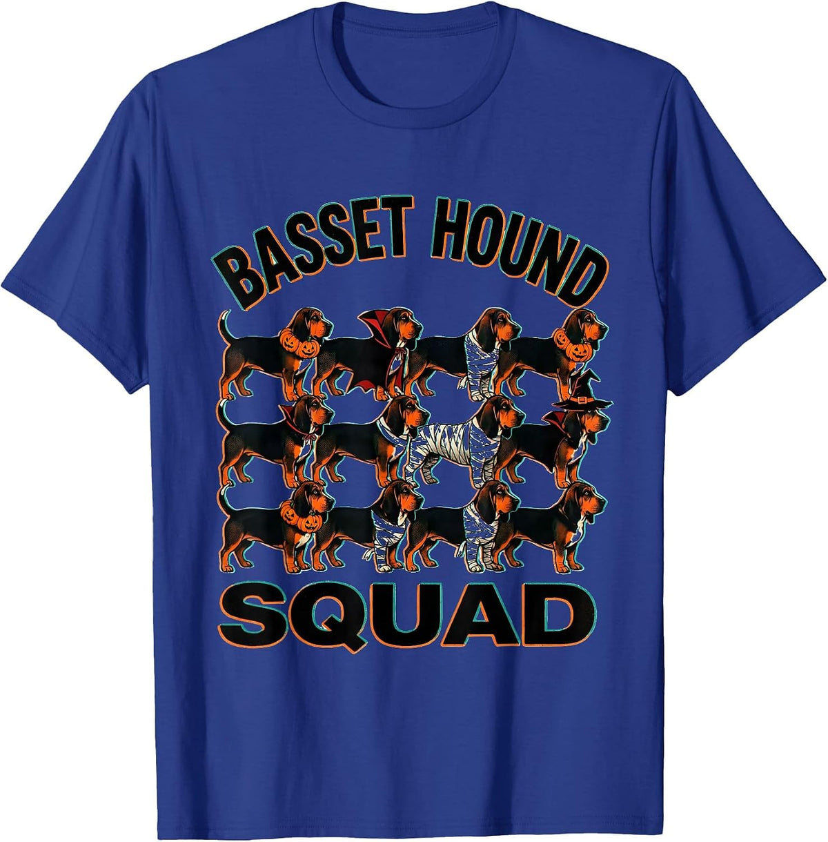 Men's Basset Hound Squad Halloween Pumpkin Vampire Mummy Witch Dog T-Shirt - Royal Blue