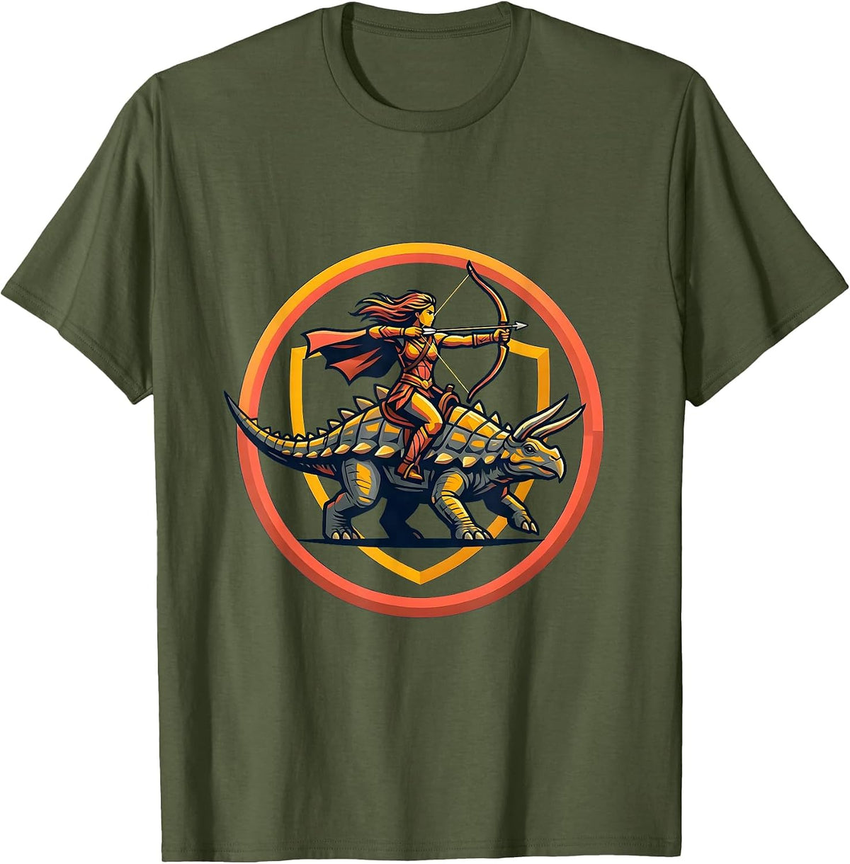 Archer Riding Ankylosaur Dinosaur Art T-Shirt - Olive Green