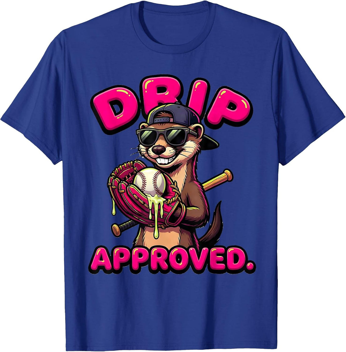 Drip Approved Cartoon Ferret Baseball Ice Cream Humor T-Shirt - Royal Blue