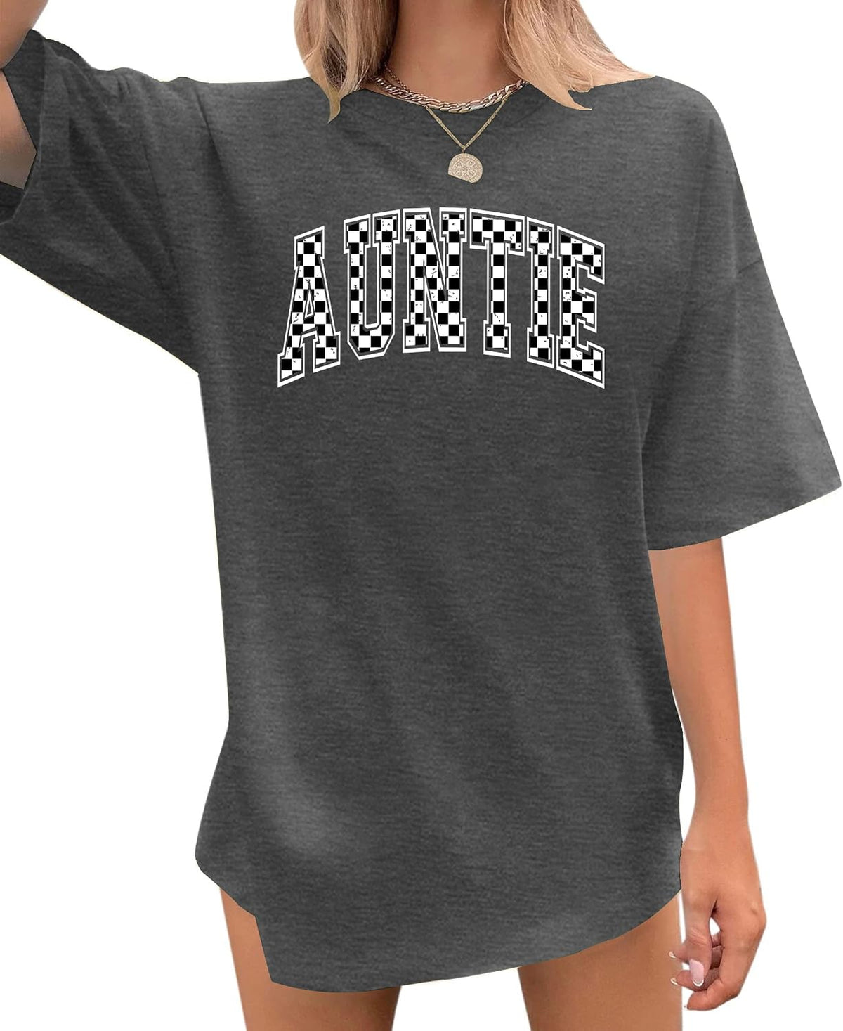 Auntie Shirts for Women: Oversized Aunt T-Shirt Auntie Letter Print Short Sleeve Tops - Grey